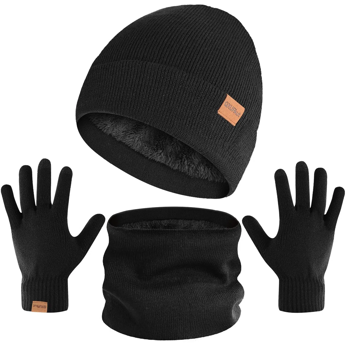 Cappello Sciarpa Guanti Set per Uomo Donna, Invernale Beanie Berretto in Maglia Scaldacollo Sciarpa con Fodera in Pile e Guanti Touch Screen (Nero)