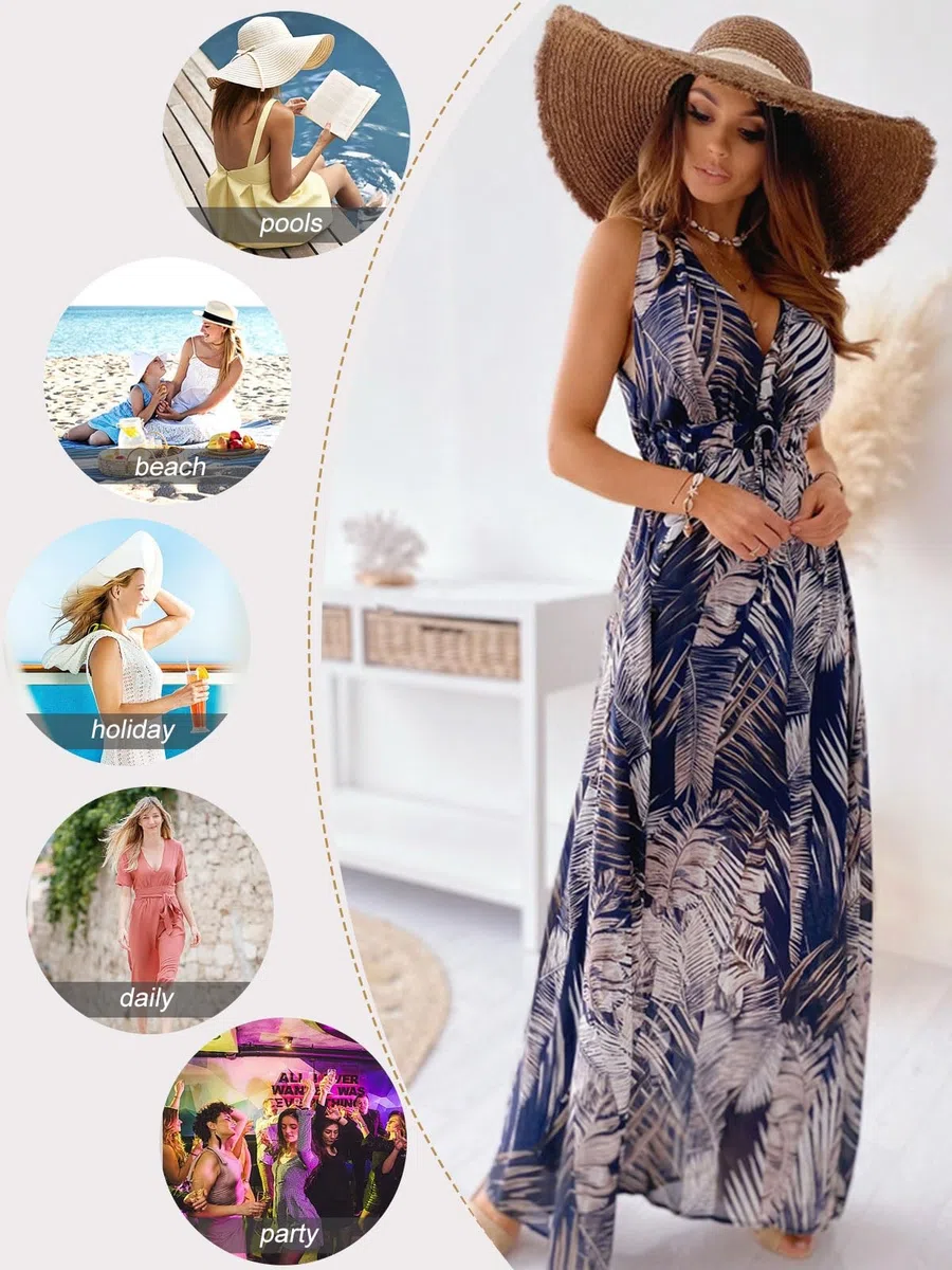 Yutdeng Abito Estivo Donna da Spiaggia Vestito Lungo Vestiti Estivi Casual Curvy Eleganti Scollo a V Senza Maniche Vestito Boho Fiore Stampato Maxi Lunga Sexy da Cerimonia