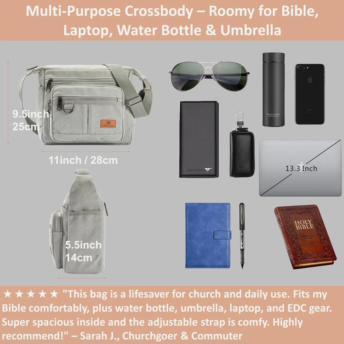W&G traveler Borsa di tela Messenger, borsa crossbody del computer portatile da 13 pollici, borsa a tracolla della macchina fotografica di Sling Sathel per gli uomini Donne