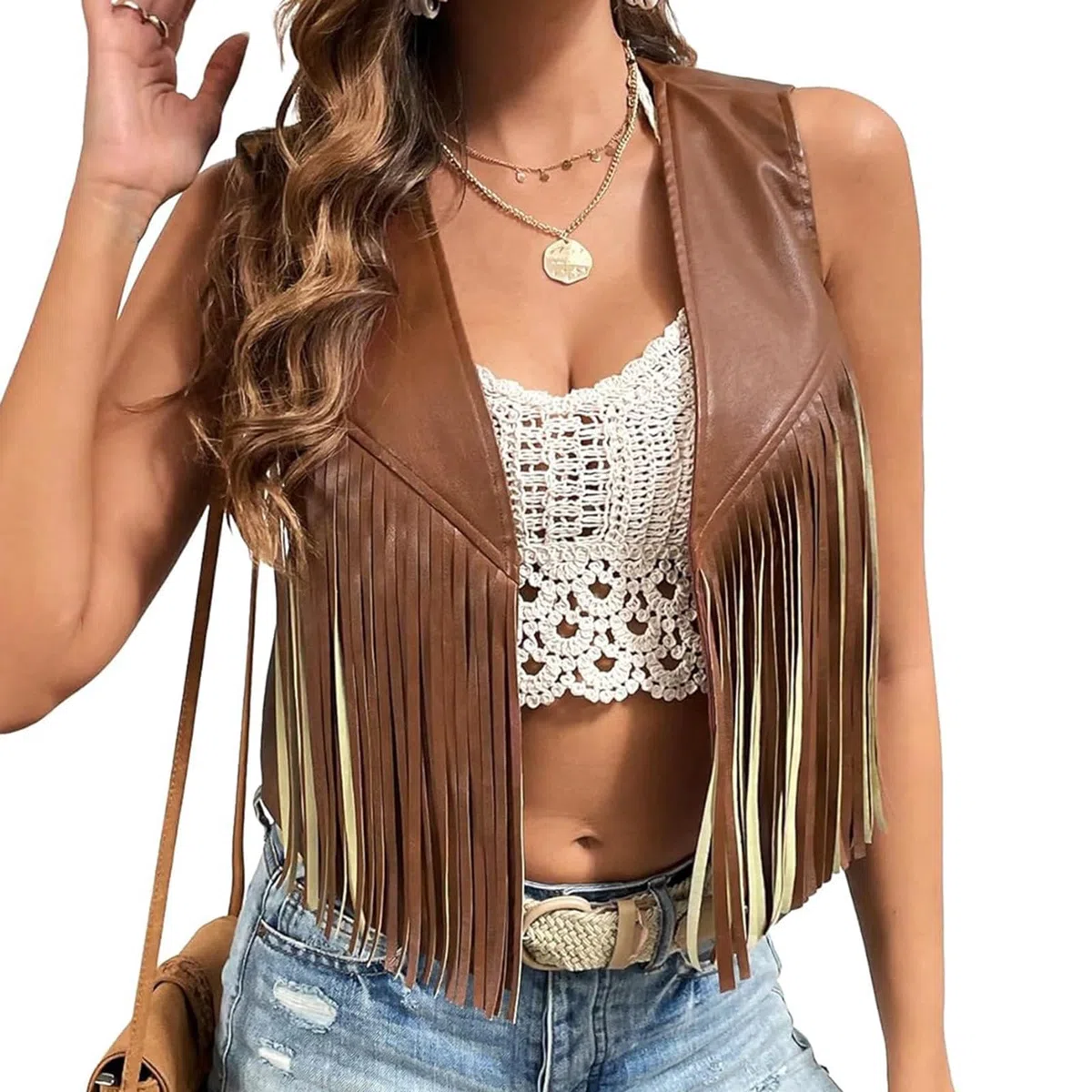 LYSINK Gilet da donna in pelle scamosciata con nappa, stile hippie, senza maniche, aperto sul davanti, con frange, stile western