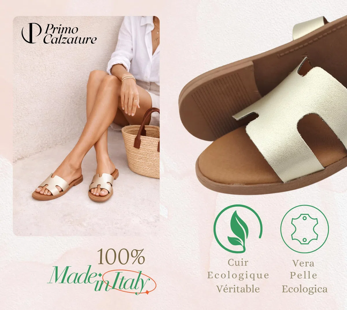 Eleganti Ciabatte Donna Estive, Sandali Bassi Cuoio, Ciabattina in Pelle Estate, Vero Made in Italy