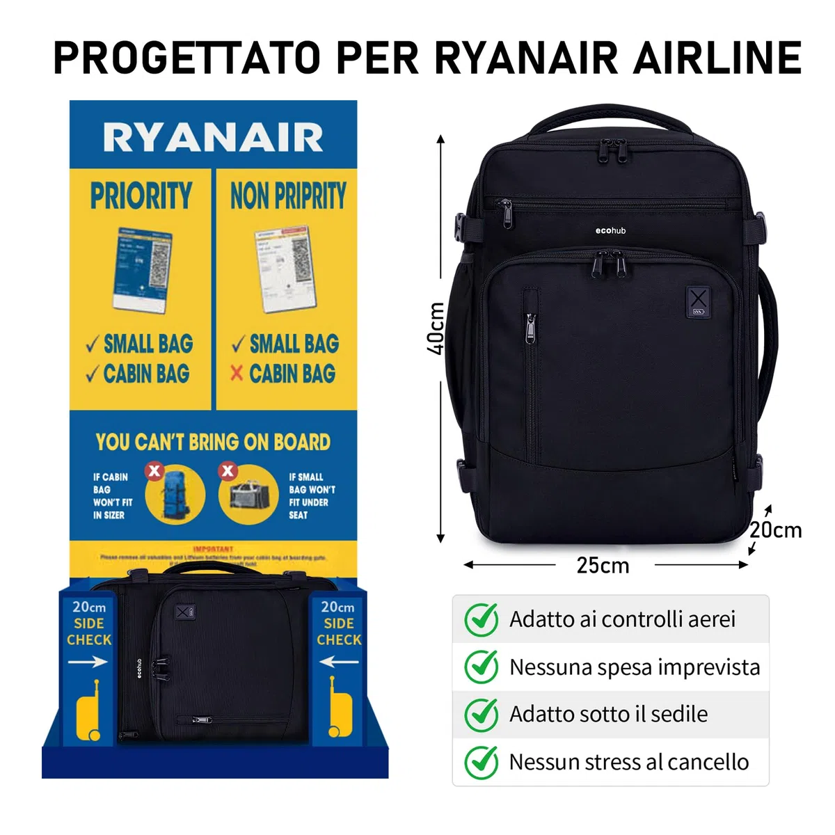 ECOHUB Zaino Ryanair 40x20x25 Bagaglio a Mano 40x20x25 Ryanair Zaino da Viaggio Valigia Bagaglio a Mano Borsa da Viaggio Borsa tote ecologica in PET riciclato da 20 litri,Brevettato, Nero