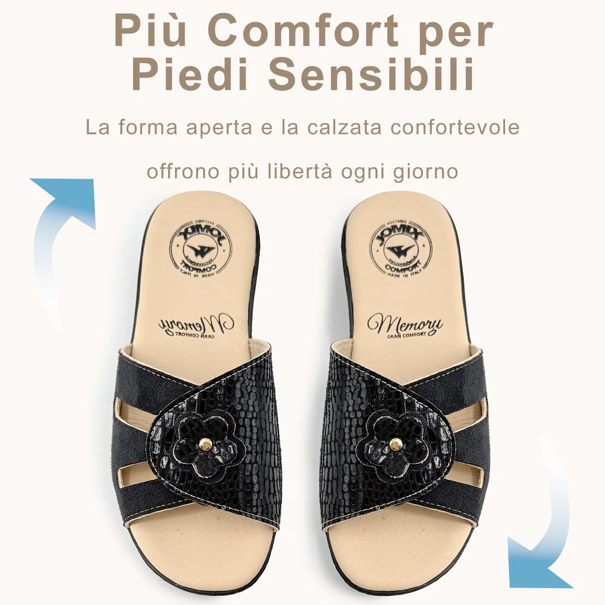 JOMIX Ciabatte Donna Estive con Zeppa 4,8 cm Pantofole da Casa con Strappo Comfort Memory Made in Italy Fascia Regolabile Suola Antiscivolo Punta Aperta Eleganti con Fiore