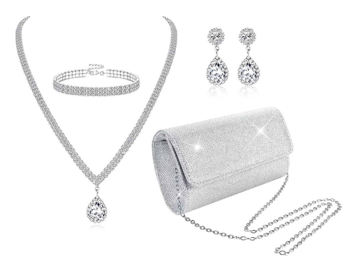 JeryWe 4Pcs Sliver frizione borsa gioielli set per le donne sera strass borsa di cristallo collana orecchini bracciali Set accessori d'argento per le donne sposa gioielli