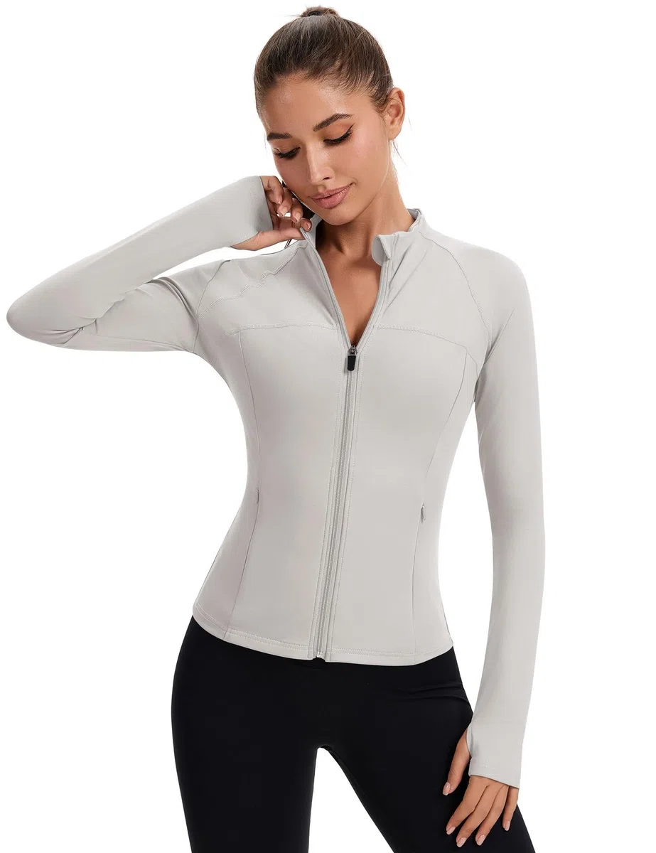 Giacca sportiva da donna, a maniche lunghe, sportiva, per palestra, yoga, fitness, leggera, con foro per il pollice e tasche