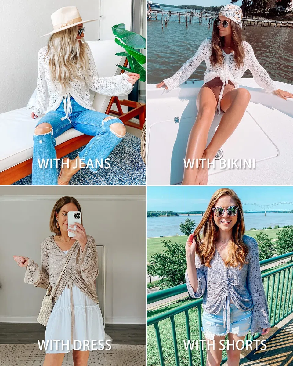 Saodimallsu Pullover da donna Boho Off Spalla Trasparente Crop Top Manica a Campana Fluido Oversize Crochet Increspato Pullover Maglioni