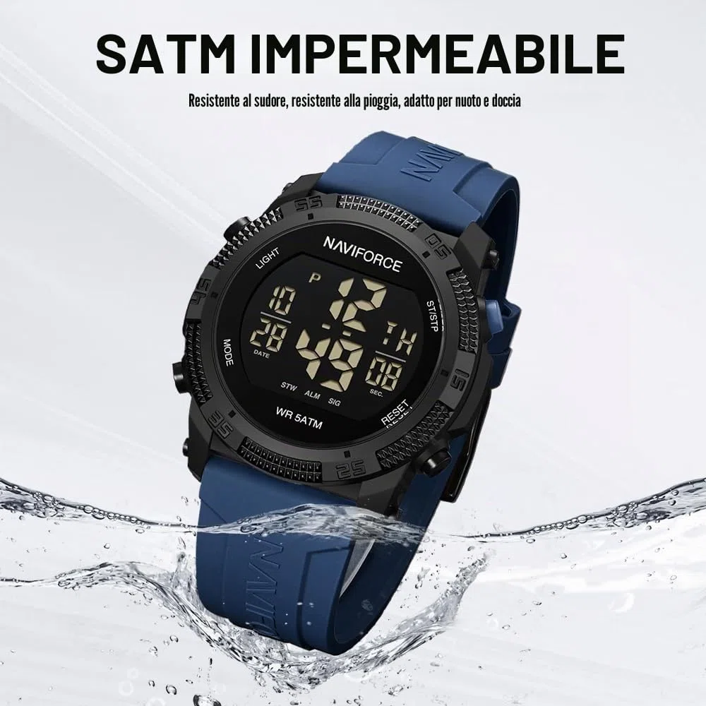Naviforce Orologio digitale sportivo impermeabile da uomo con cronometro, allarme, cinturino in gomma, orologio da polso per donna