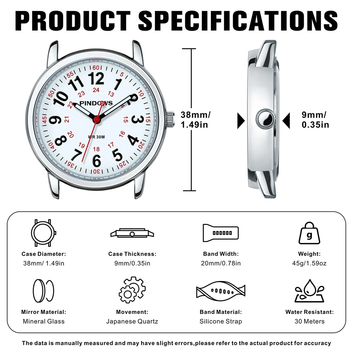 PINDOWS Orologi da polso analogici al quarzo da donna con cinturino in silicone per ragazze, signore, studentesse, facili da leggere, impermeabili.