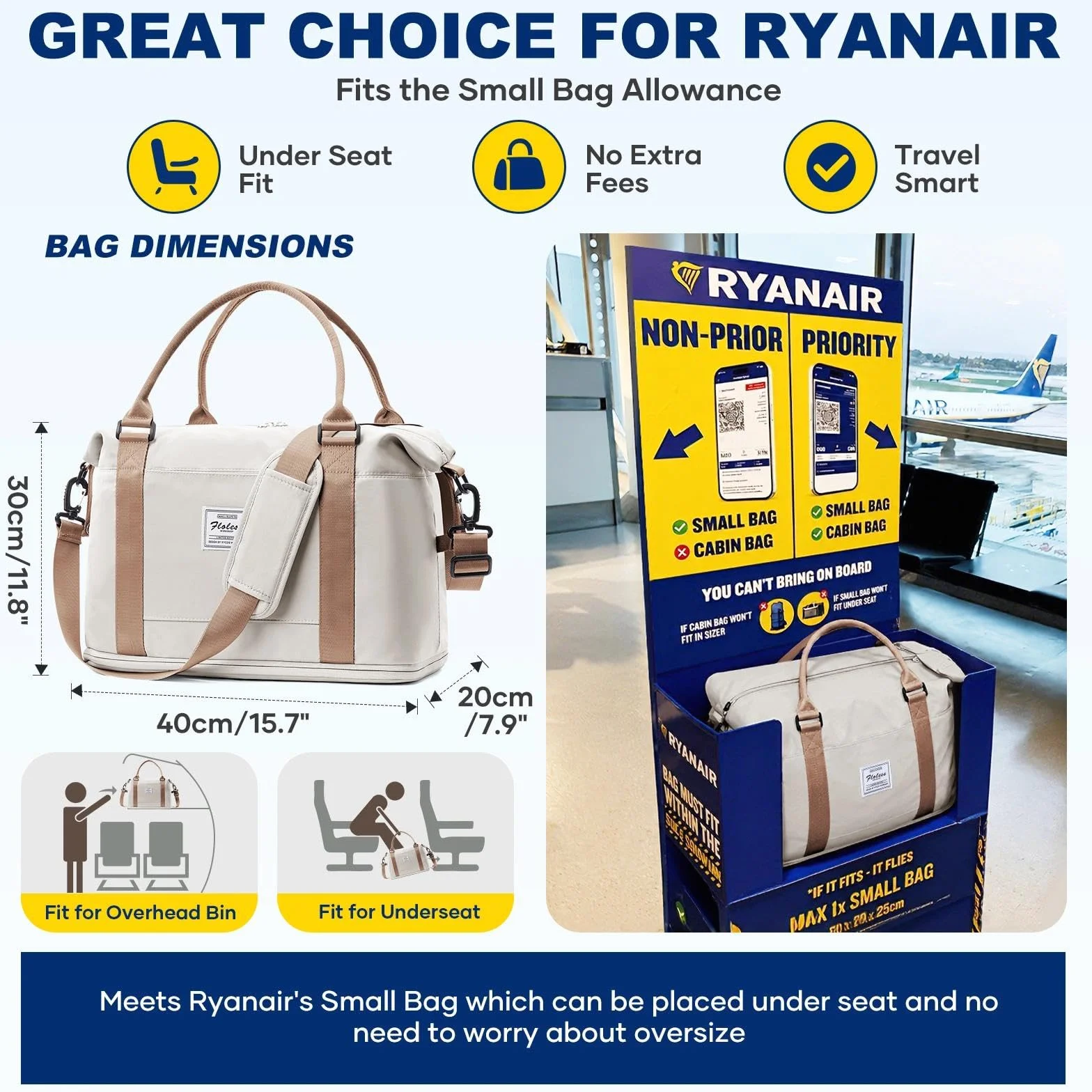 SEAFEW Borsone da Viaggio,Bagaglio a Mano 40x30x20 Ryanair Borsa da Viaggio con Scomparto per le Scarpe,Borsa da Cabina Ryanair Borsa Sportiva Borsone da Palestra da Weekend,D10-Marrone Beige
