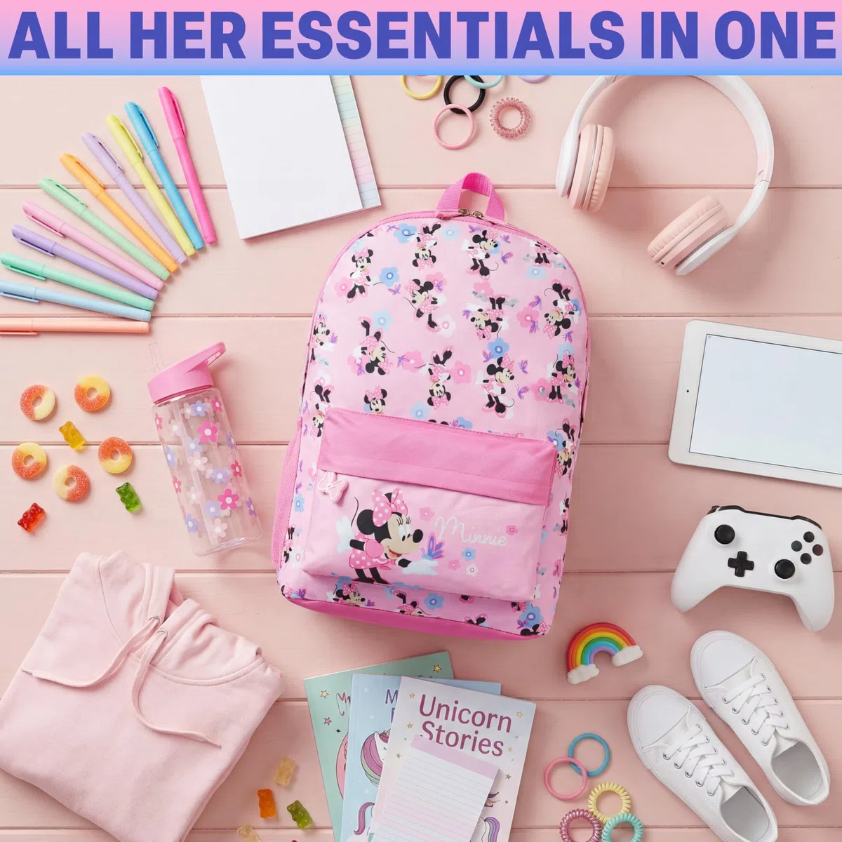 Get Trend Disney Minnie Mouse Zainetto Bambina Zip, Zaino Scuola Set con BPA Free Flip Top Borraccia con Cannuccia per Scuola (Rosa Minnie)