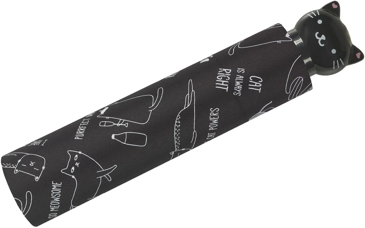 Grazioso ombrello da donna con gatti e impugnatura con testa di gatto, colore: nero/bianco, Nero , 95 cm