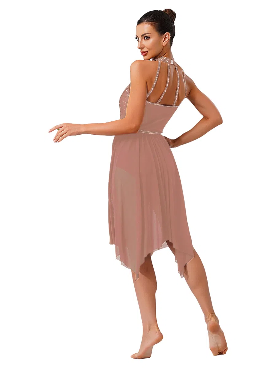 ranrann Vestito da Ballo Lirico Latino Americano Donna Senza Schiena Strass Abito da Pattinaggio Gonna Asimmetrica Danza Moderna Standard Valzer Tango Sala Saggio