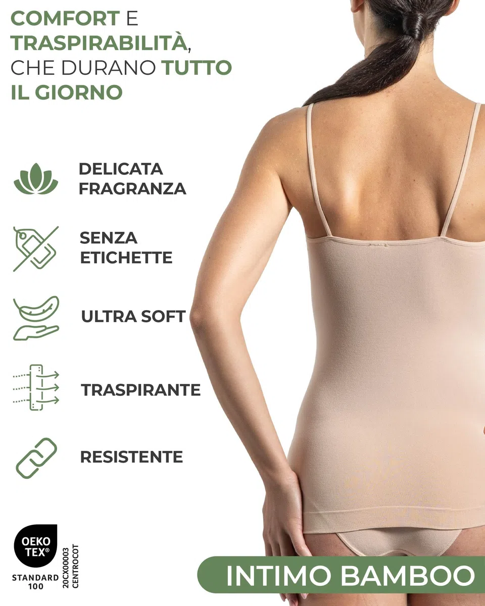 Risalti Canotta Donna Spalla Stretta Bamboo 2 pz - Canottiera Donna Elegante Elasticizzata, Top Intimo Senza Cuciture ed Etichette più Morbido delle Canottiere Cotone, Caraco - Made in Italy