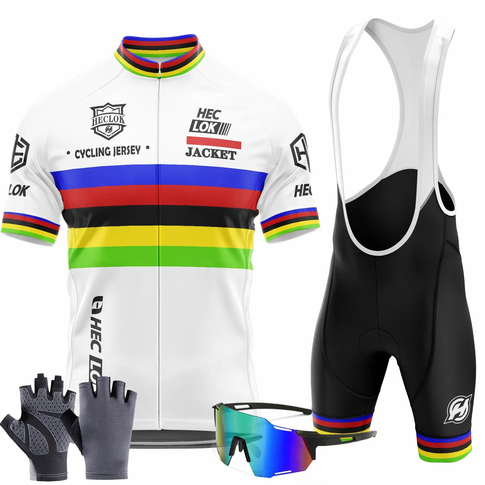 Abbigliamento Manica Corta Tuta Ciclismo Uomo Estate Completo Set+Pantaloncini 9D Gel Imbottito con Bretelle MTB＋Guanti, Occhiali da Ciclismo