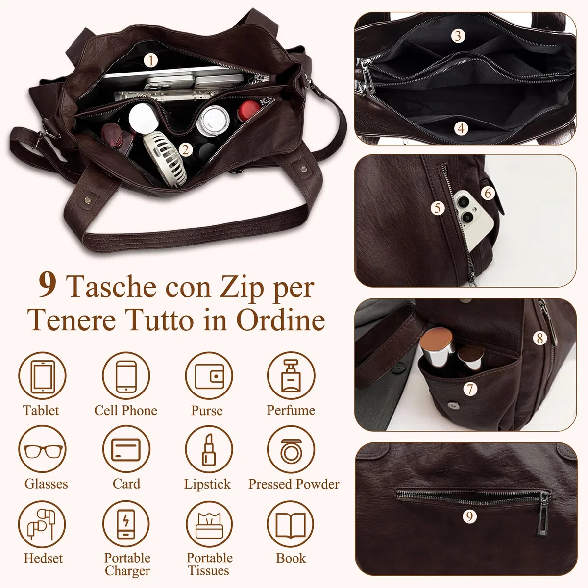 Borsa Donna PU Elegante e Versatile, Capiente per Ufficio, Studio, Viaggi e Vita Quotidiana, Vintage Chic con Tracolla Regolabile