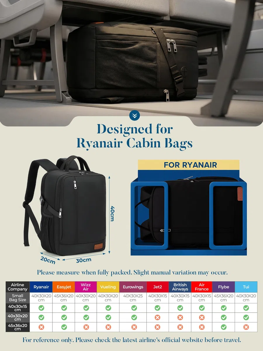 Zaino per Ryanair 40x30x20 Zaino da Viaggio 40x20x25 Aereo Bagaglio a Mano 45x36x20 Antifurto Borsa Zaini Porta Pc per Easyjet Wizz Air Vueling, con Portabottiglie D'acqua