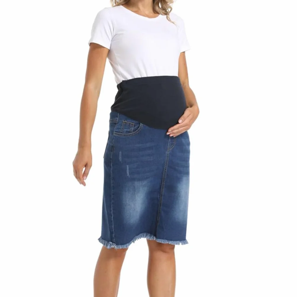 FaroLy Gonna Donna maternità Casual Jean Vita Alta Orlo Grezzo Bodycon Denim Vestiti di Gravidanza con Tasche