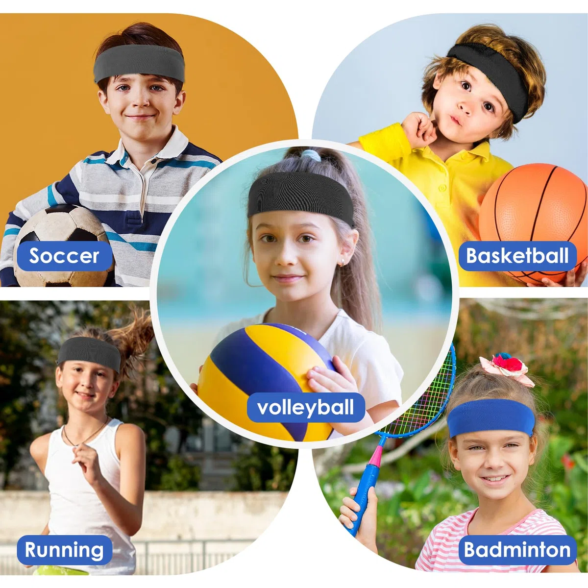 Dimeho 3 fasce per capelli sportive per bambini, per ragazzi e ragazze, elastiche, morbide, traspiranti, assorbono il sudore, per calcio, basket, corsa, tennis