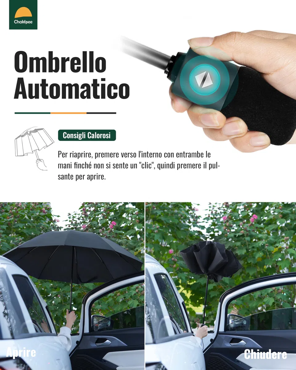 Ombrello Pieghevole Compatto Pioggia - Automatico Pioggia Grande Ombrelli Antivento Robusto Inverso - Portatile Uomo Donna da Viaggio Resistenti Teflon 210T 10 Stecche