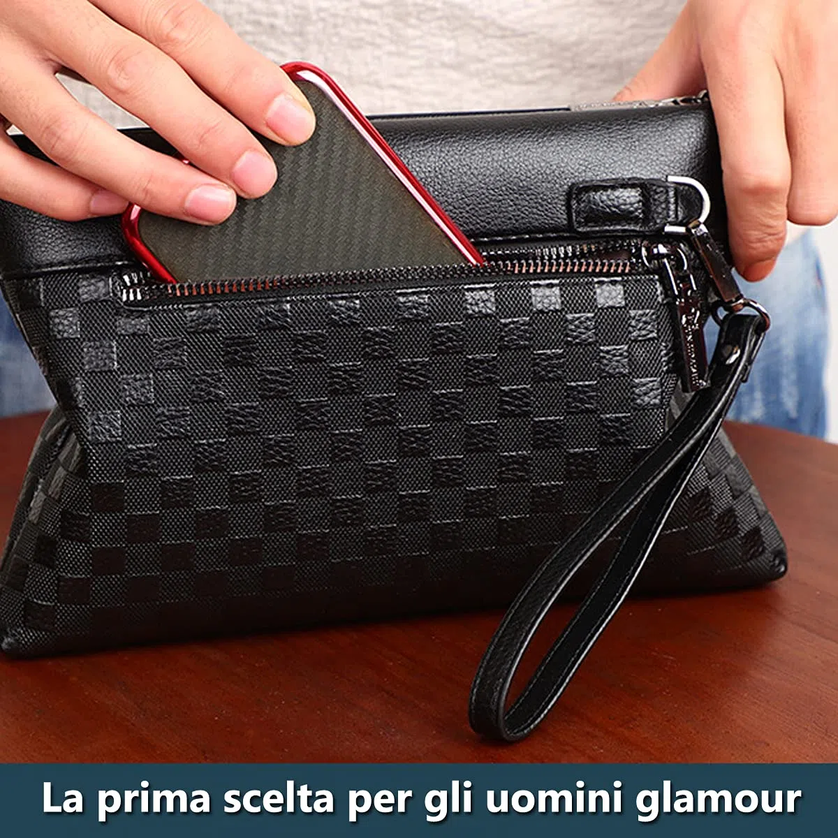 A-QMZL Pochette Uomo Pelle Pochette Business di Grande Capacità Pochette Buste Borsette Fessura Carte Tasche con Cerniera Portafogli Uomo con Cinturino Polso Borsa da Polso Lavoro Viaggio Casual