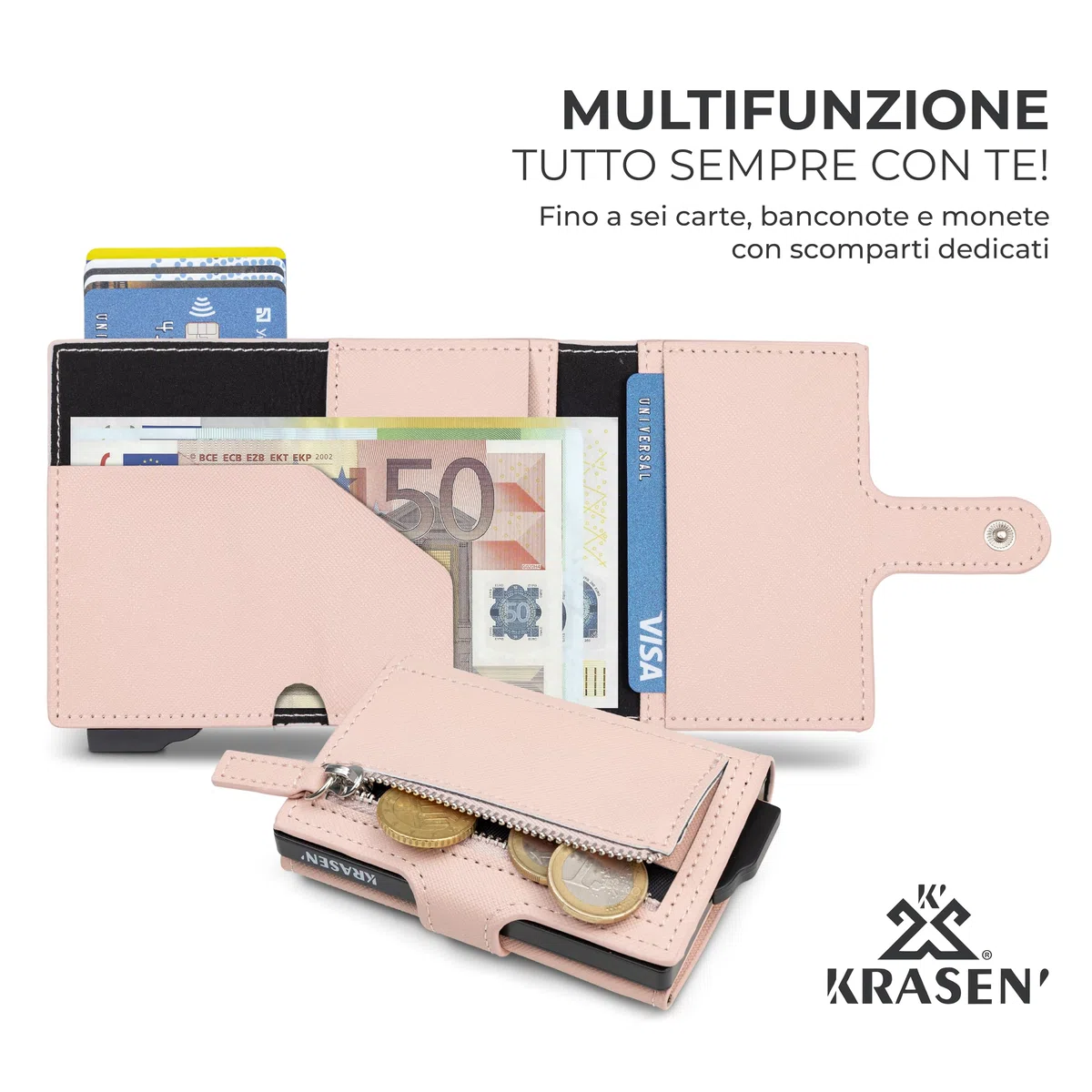 KRASEN' - Portafoglio e Porta Carte Saffiano Rosa con Sistema Anti-Clonazione, Scatoletta in Alluminio Assemblata a Mano, Bottone e Cerniera Porta Monete