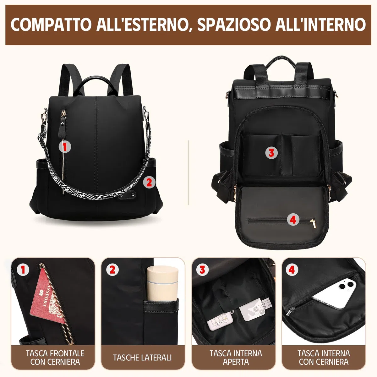 Zaino Antifurto Donna, Borsa Zaino Donna Elegante, Zainetto in Nylon, Zaini Piccola Casual Impermeabile con Custodie RFID, Convertibile da Spalla, Mano e Tracolla per Lavoro Viaggi Sportivo Scuola