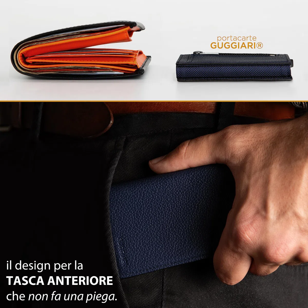 GUGGIARI® Porta Carte Credito Uomo in Pelle - Portacarte RFID in Alluminio con Porta Monete e Tasca di Cortesia con Chiusura Magnetica - Portafoglio Uomo Slim - Leather -Blue