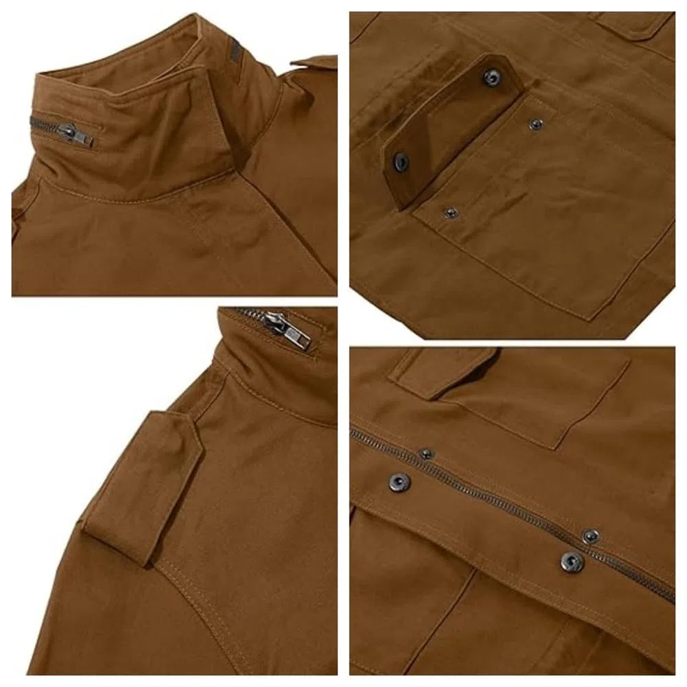 Generisch Giubbino militare da donna leggero casual chiusura lampo bottoni automatici utility cargo cappotti con tasca giacca marrone