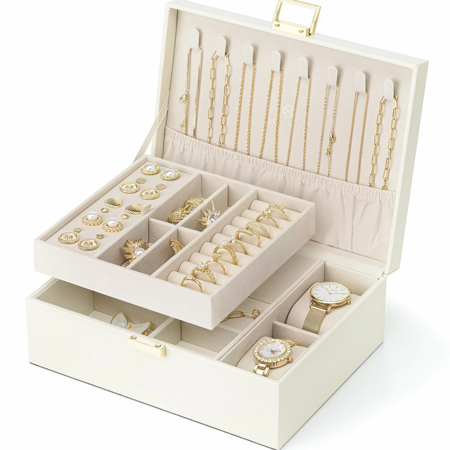 VLANDO Portagioie a 2 ripiani, con cuscino per orologi, custodia per collane, bracciali, orecchini, regalo per la festa della mamma (bianco)