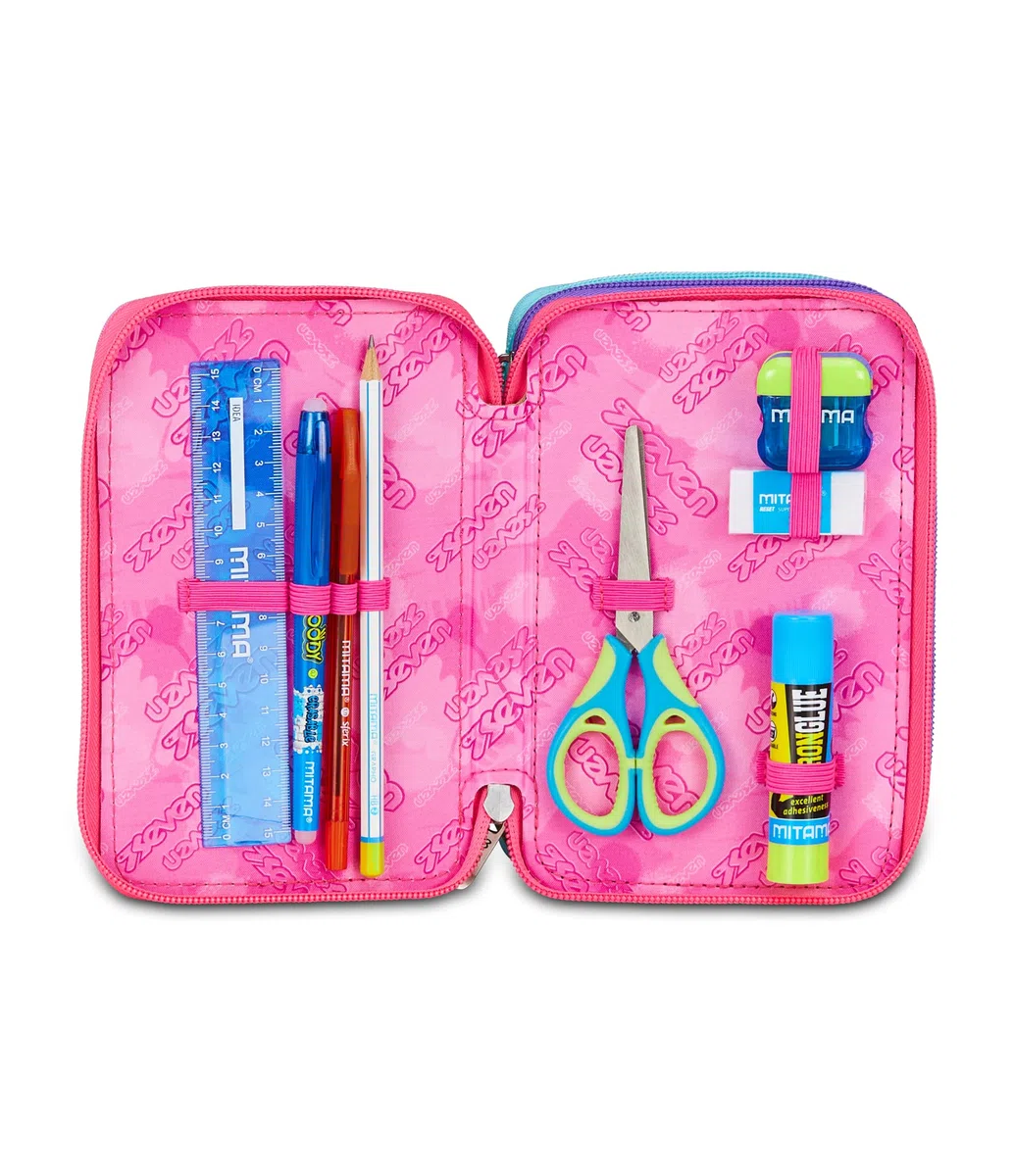 Seven Astuccio Scuola Elementare, 3 scomparti, Medie, con Matite, Pennarelli, Penne, 3 Zip, Universe Spots, Bambina e Ragazza, viola/nero