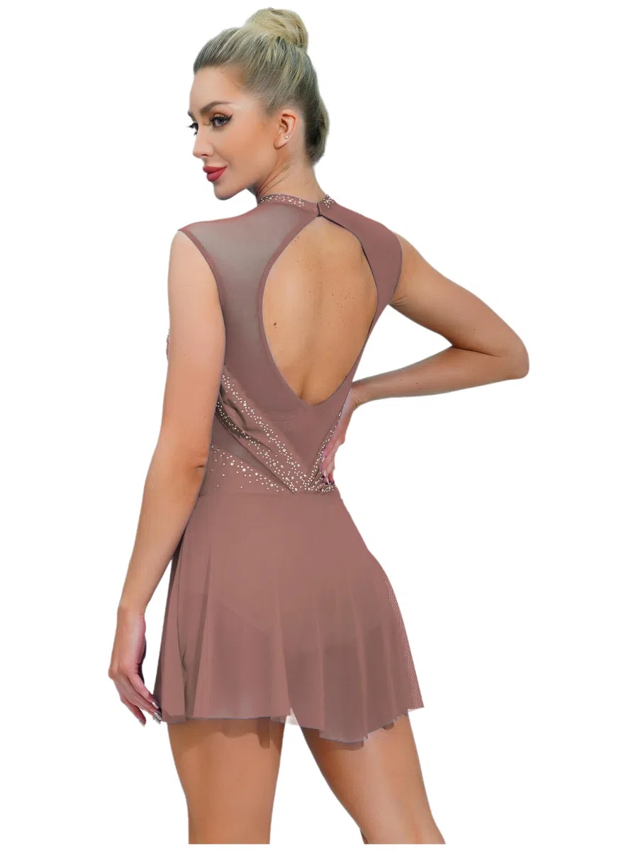 Oyolan Vestito da donna Pattinaggio Artistico Body Ginnastica Danza Strass senza maniche Vestito Danza Contemporanea S-XXL
