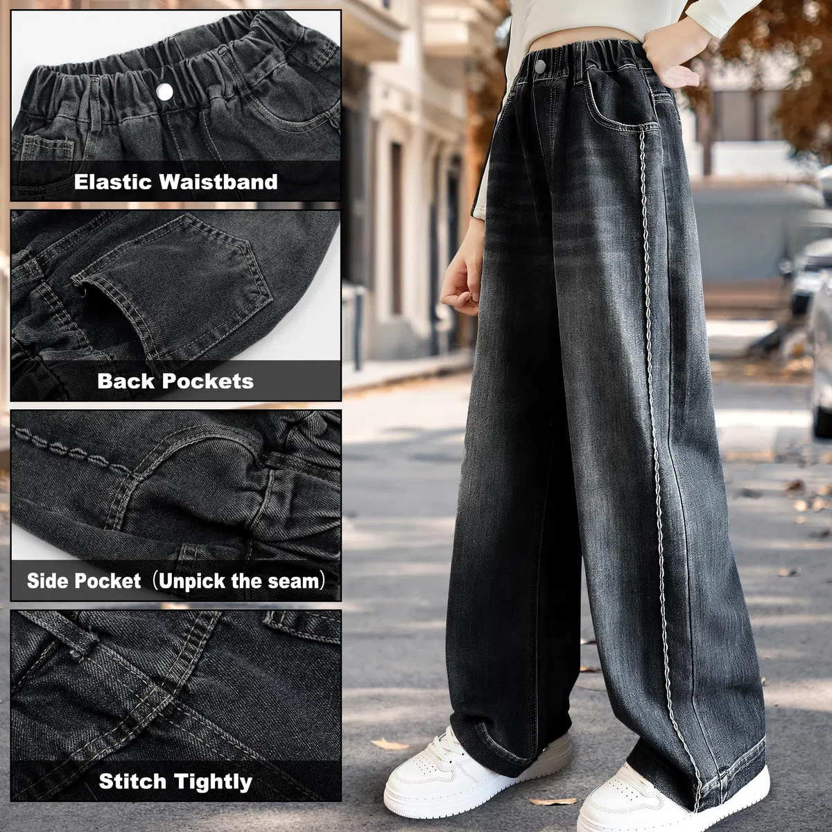 Jeans Larghi per Ragazze, Baggy Comodo Denim Pantaloni con Vita Alta Elastica Morbido Casual Moda Loose Fit Pants con Tasche Streetwear Vestiti per Ragazza 7-14 Anni, Blu Scuro
