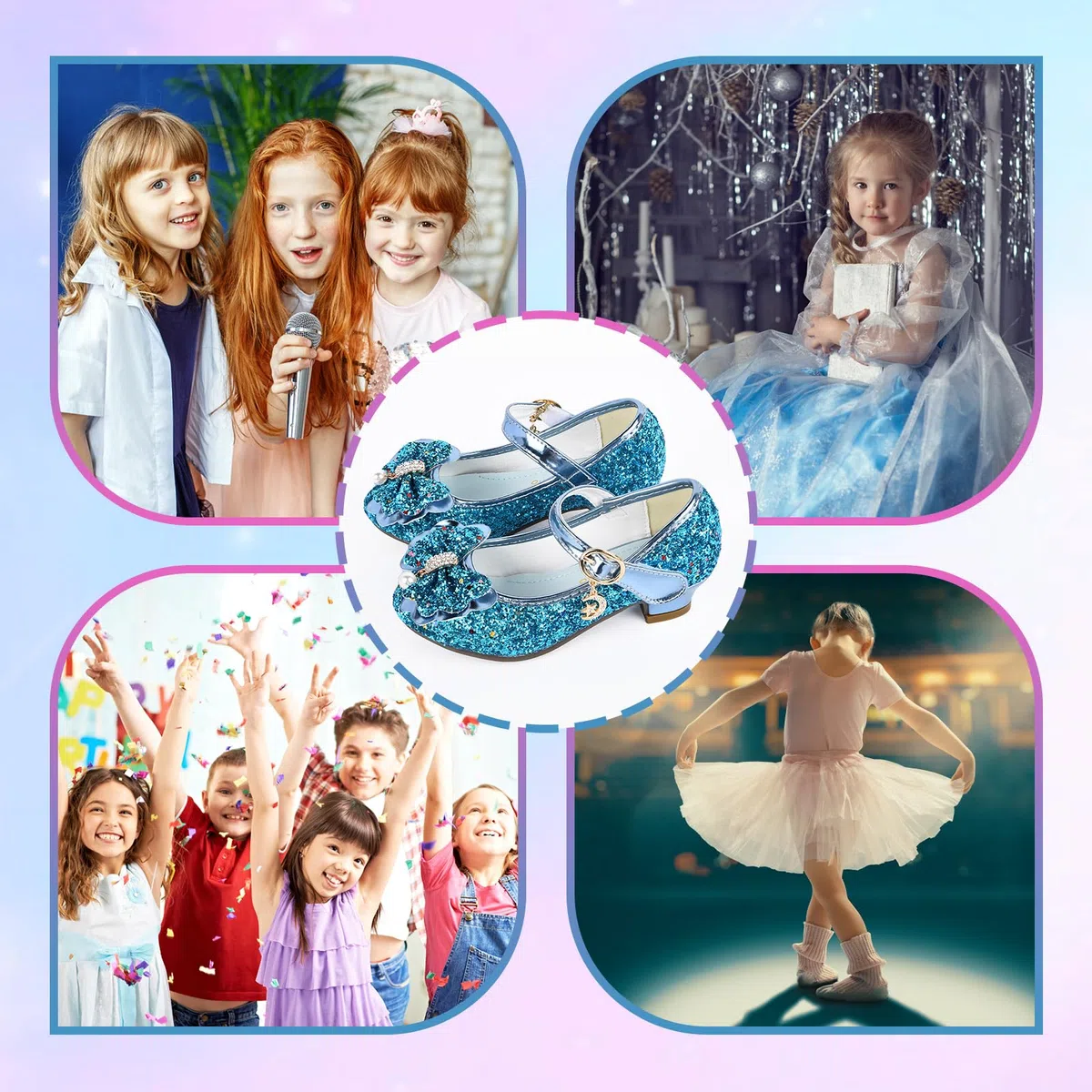 Ulikey Chaussure Princesse Fille, Chaussures Talon Enfant, Paillette Ballerine Talon Fille, Chaussures Paillettes Fille