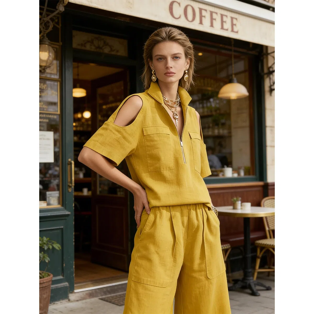 amropi Completo Estivo 2 Pezzi Donna Camicia a Maniche Corte Spalle Scoperte con Scollo a V Cerniera e Pantaloni Cropped a Gamba Larga Set Casual Tuta
