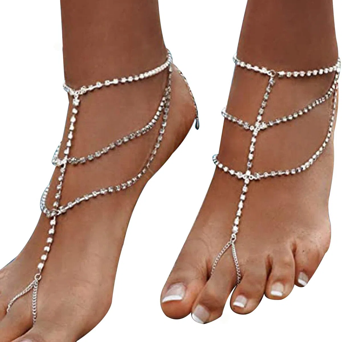 1 paio di cavigliere estive da spiaggia con strass a piedi nudi con anello per dita dei piedi con anello in cristallo bohémien, cavigliera da sposa con strass, gioielli per donne