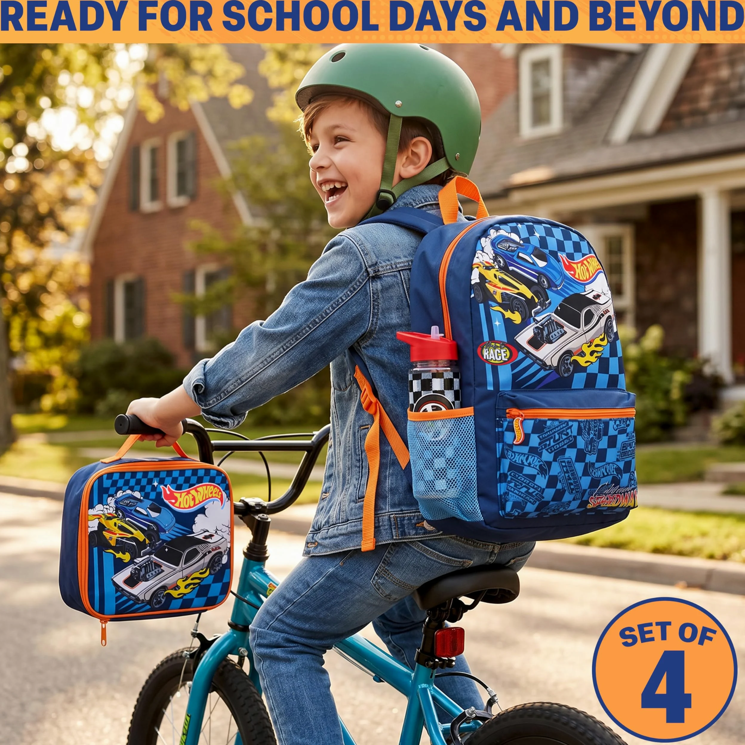 Get Trend Hot Wheels 4 Pezzi Zaino Ragazzo Set per Scuola con Borsa Termica Porta Pranzo, Borraccia 500 ml Senza BPA e Astuccio (Multi Hot Wheels)