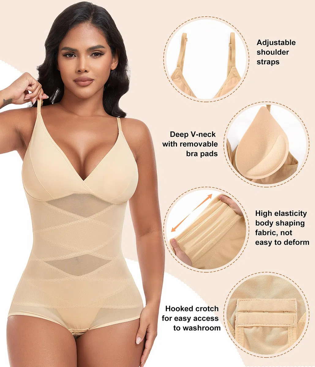 Body Contenitivo Modellante Donna Curvy Intimo Bodysuit Shapewear Guaina Contenitiva Dimagrante Spallino Regolabile Snellente Sheer Mesh Pancia Piatta Invisibile Shaper