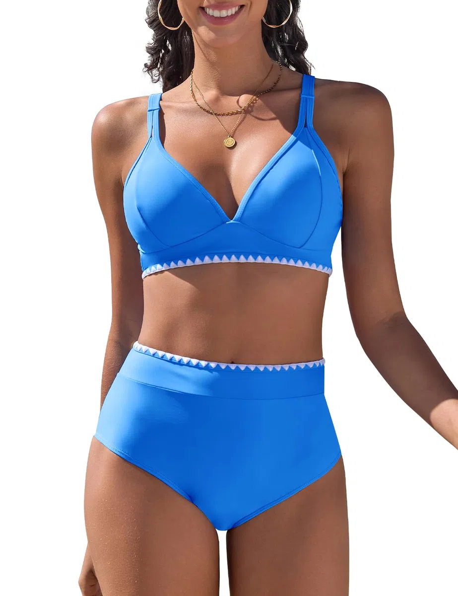 Costume Donna Due Pezzi Vita Alta Costumi da Bagno Push Up Sexy Bikini Mare Imbottito Reggiseno con Pizzo Bianco