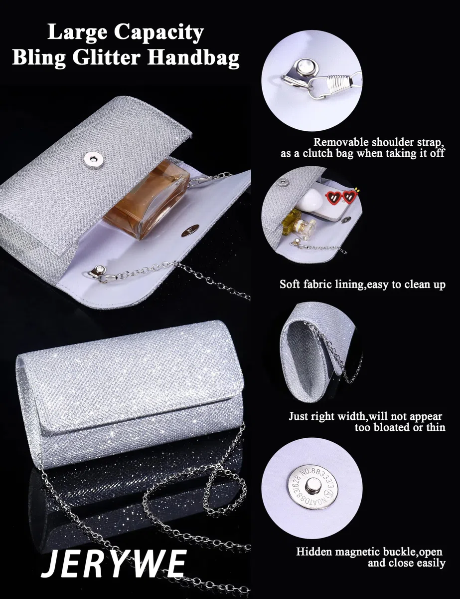 JeryWe 4Pcs Sliver frizione borsa gioielli set per le donne sera strass borsa di cristallo collana orecchini bracciali Set accessori d'argento per le donne sposa gioielli