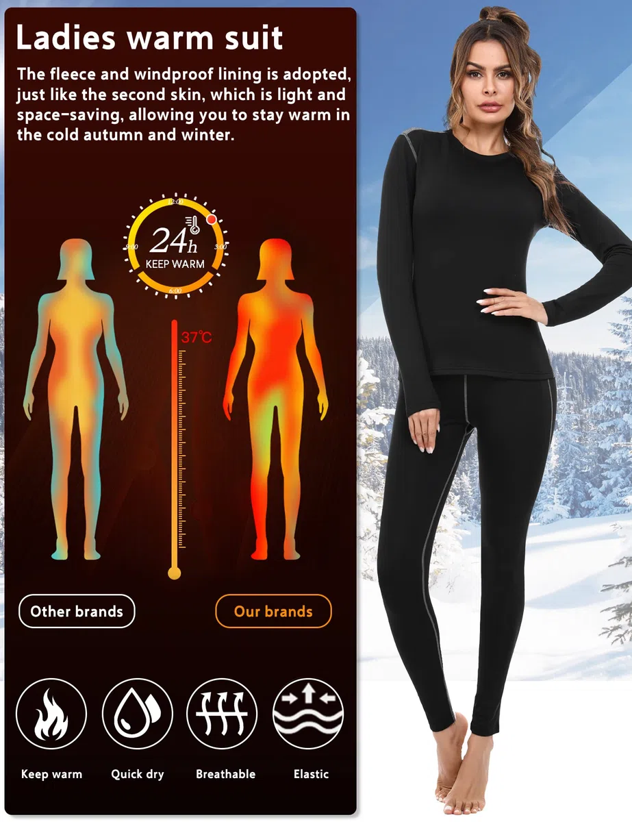 Terecey Intimo Termico Donna Sci,Completo Termico Donna Invernale,Biancheria Termica Donna Traspirante,Due Pezzi Tuta Termica Donna Sportiva in Felpata,Maglia Termica Donna+Leggings Termici -