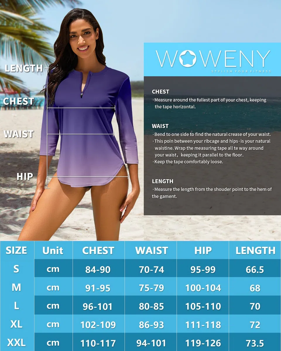 WOWENY Costume da Bagno Anti UV da Donna, con Protezione Rashguard, Maniche A 3/4 Cerniera A 1/4 Asciugatura Rapida, per Acqua, Surf, Spiaggia