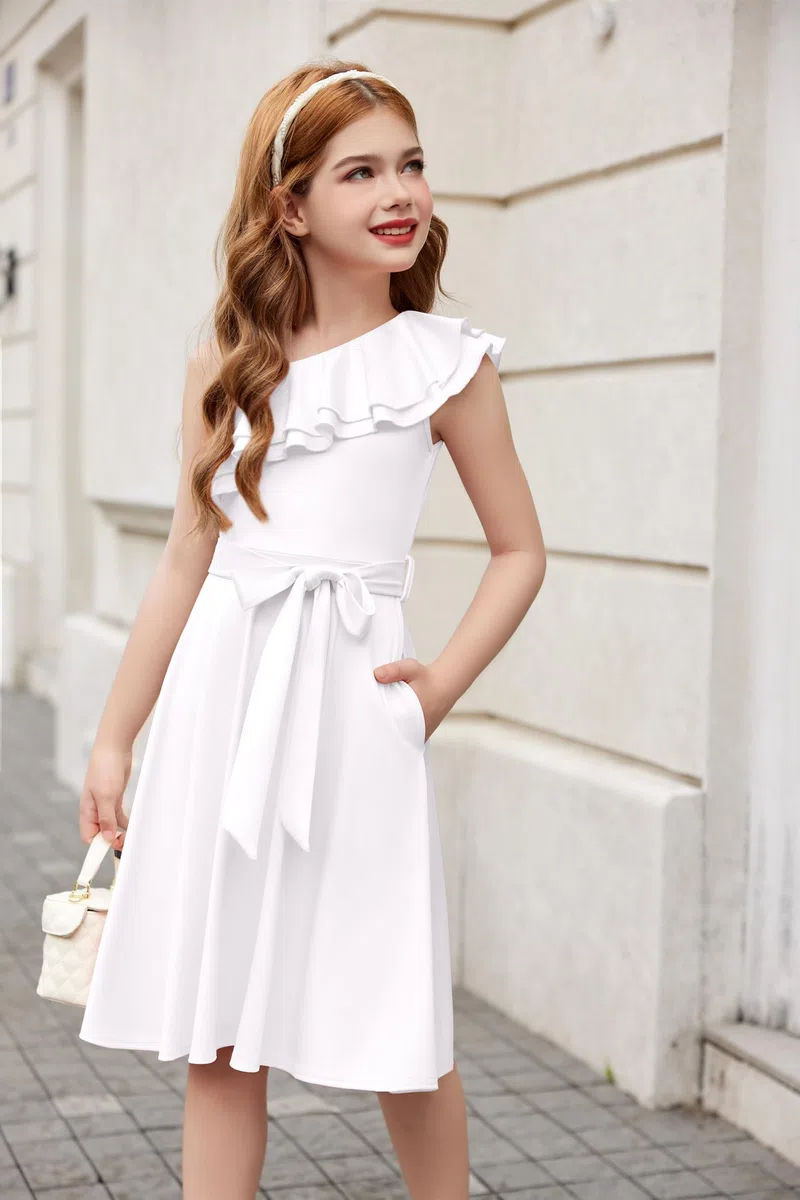 Arshiner Ragazze Abito Una Spalla Bambini Estivo Festa Abiti Papillon Casual Vestito Senza Maniche Abiti per Ragazze 5-14 Anni