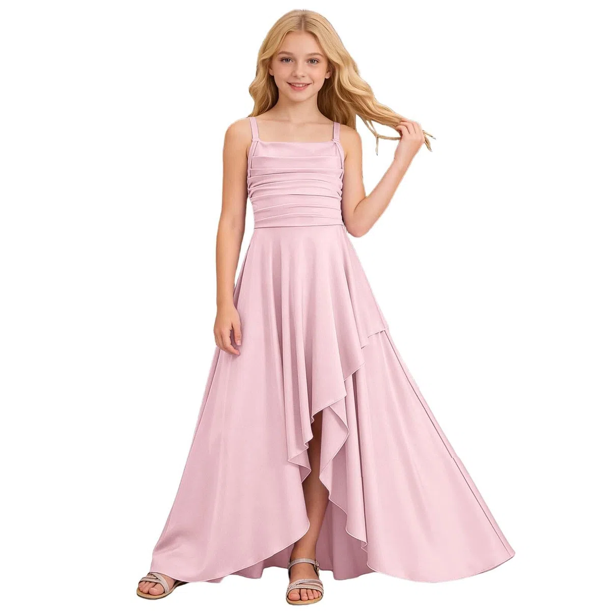 Generico Abito da Damigella d'Onore per Ragazze Lungo Increspato Linea ad A Maxi Abito in Raso per Adolescenti Abito Formale da Sposa per Feste serali