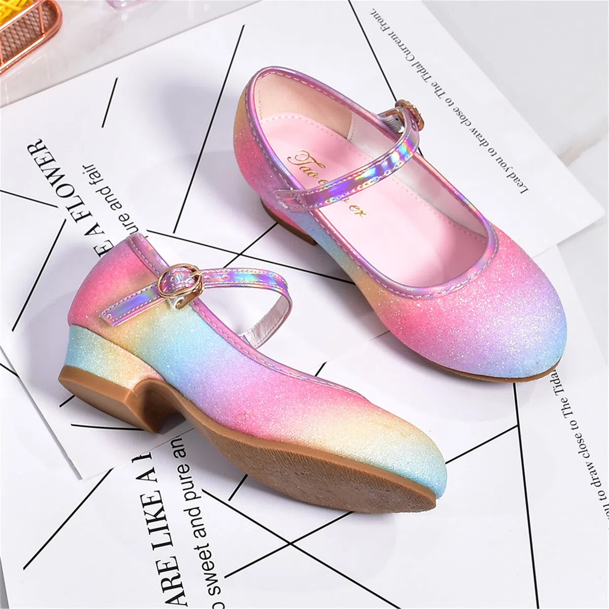 Scarpe Principessa Bambina Scarpe Bimba Tacco Scarpe Arcobaleno Tacchi Ragazza Scarpe Cosplay Principessa con Paillettes Scarpe Eleganti Bambina per Cerimonia Festa