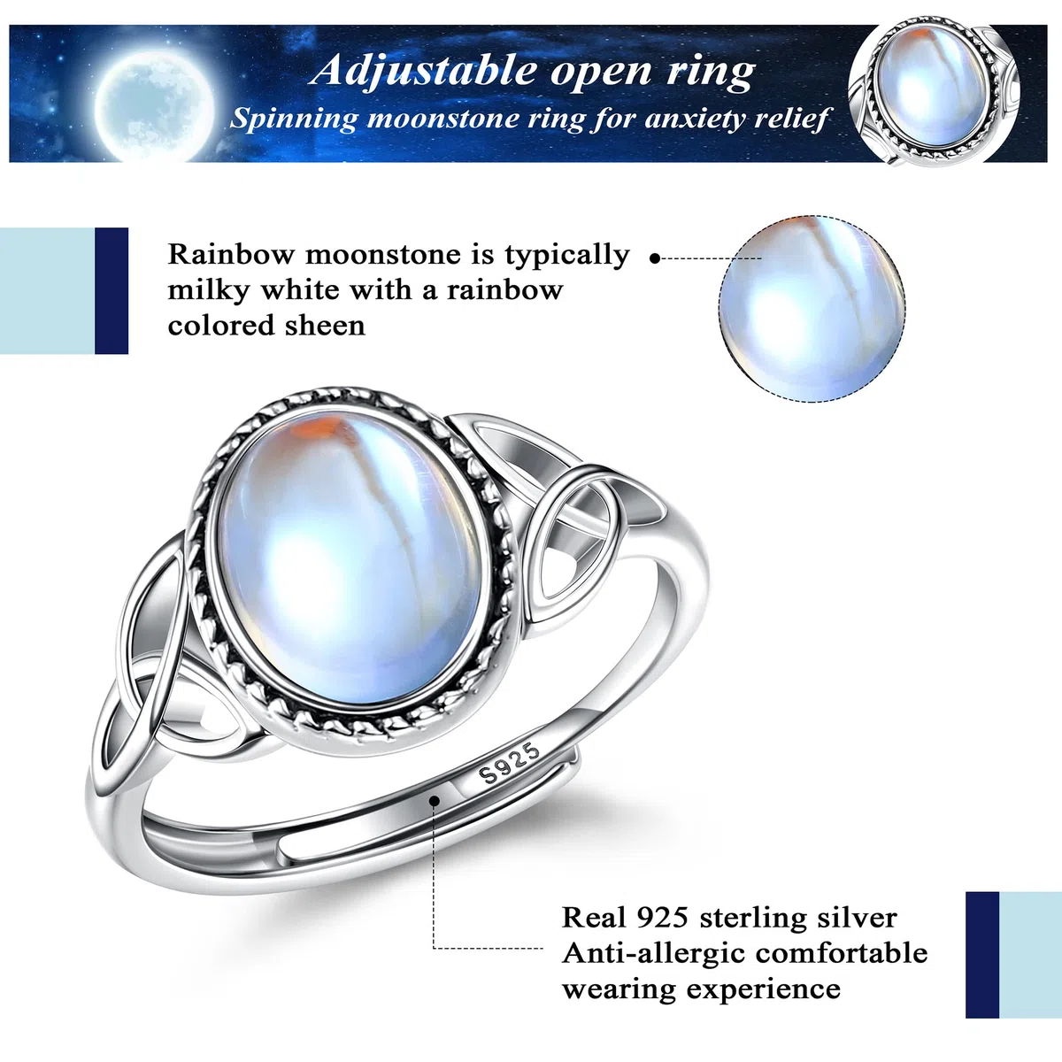 Milacolato Anello Argento 925 per Donna Ragazza Anelli Pietre di Luna Regolabile Aperte Anello CZ Triangolo Celtico Vintage, Anello Pietre Cuore Ovale Rotondo Gioielli per Lei anello