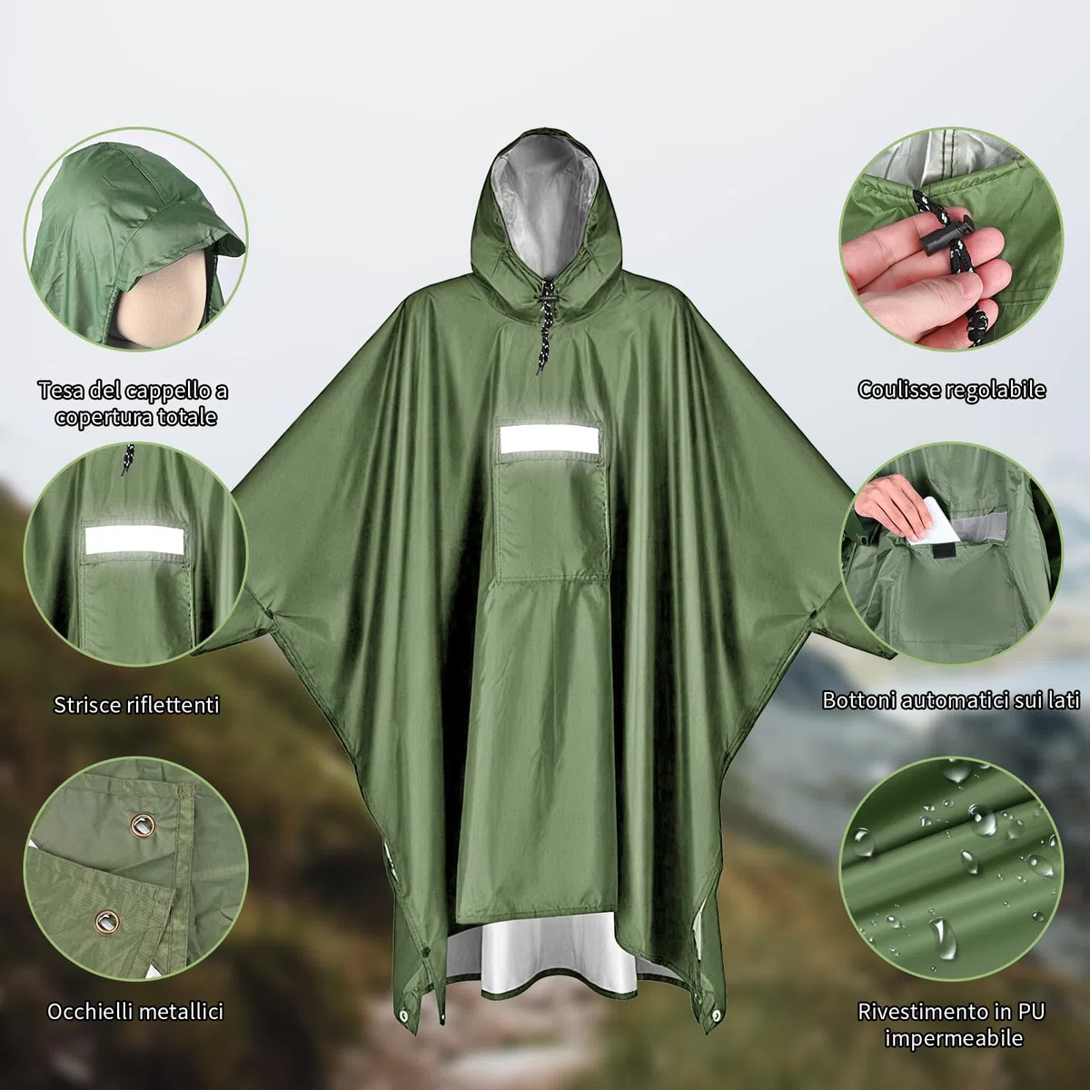 Poncho Antipioggia Impermeabile con Maniche Tasca e Riflettore Mantella Antipioggia per Adulti Unisex Portatile Poncho Pioggia per Uomo Donna Trekking Campeggio