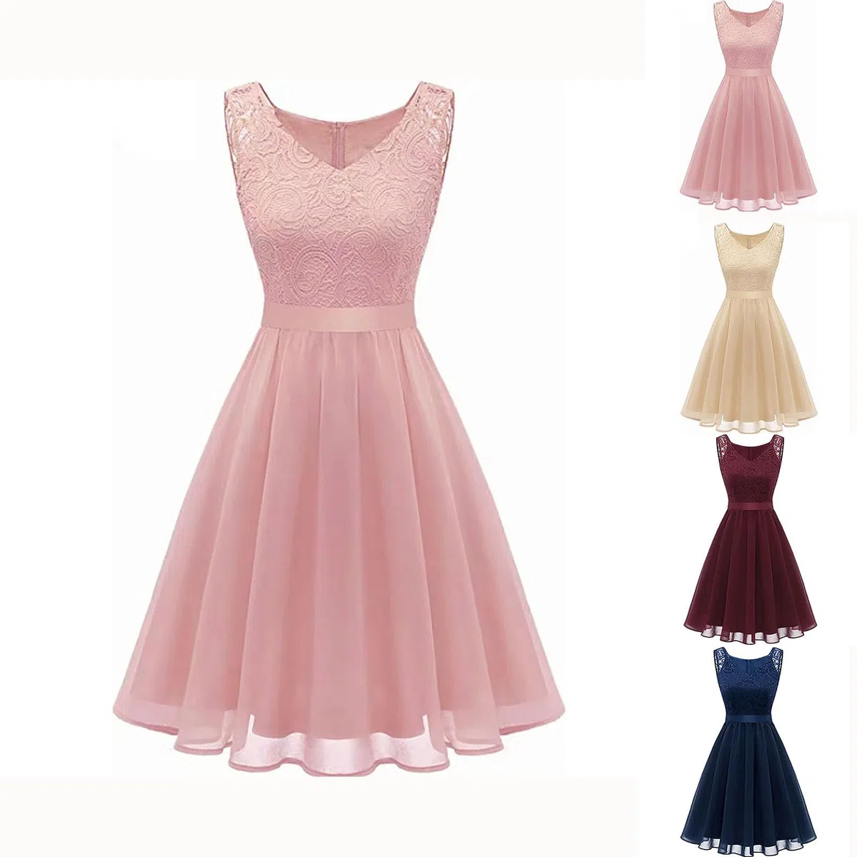 Abito da donna in pizzo con scollo rotondo e gonna svasata, senza maniche, in pizzo floreale, elegante, per matrimonio, battesimo