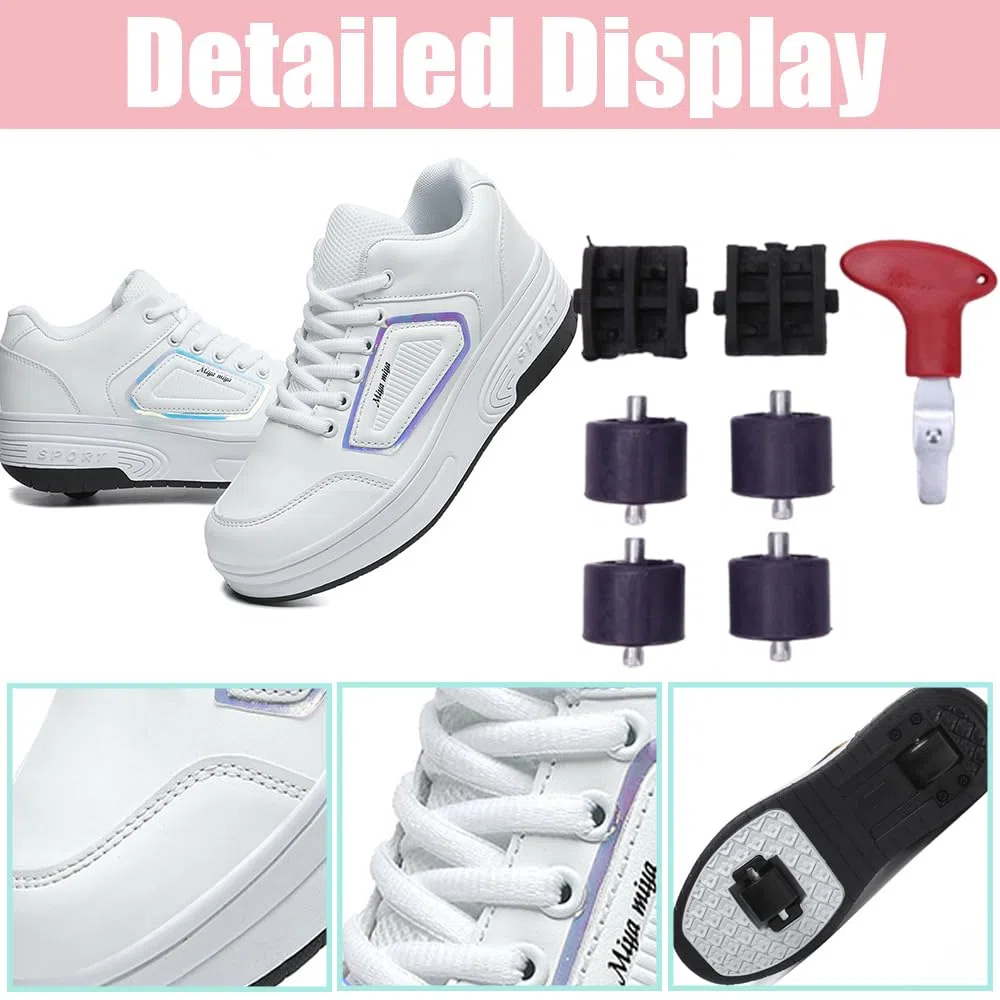 Hixingo Scarpe con Rotelle per Ragazzi Ragazze, Bambino 2 in 1 Scarpe da Skateboard Sneakers Sportive con Ruote Maglia Traspirante Scarpe Ginnastica Pattini a Rotelle Bianco, Nero