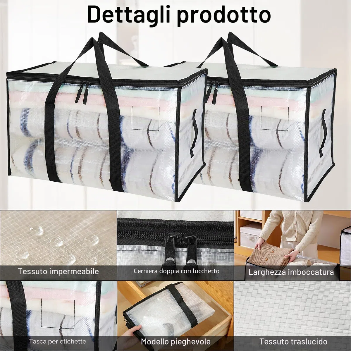 Pavlleen 4 Pezzi Borse in Plastica trasparente grandi,Borsa da 90 L trasloco grandi con cerniere e manici rinforzati,Borse di Stoccaggio Extra Large per Traslochi,stoccaggio,viaggi