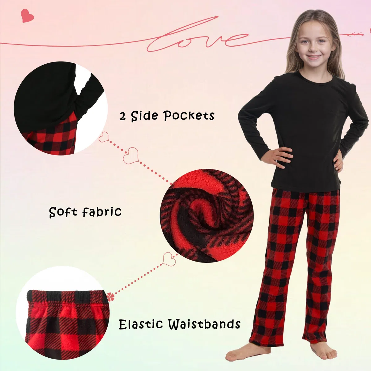 Confezione da 2 pantaloni pigiama in pile per bambine, motivo scozzese, morbidi, a quadri, con tasche, biancheria da notte